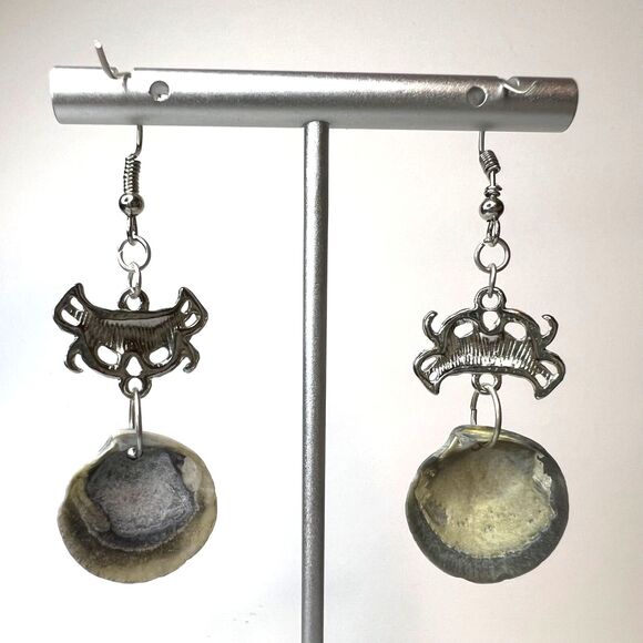 Dangle Earrings Genuine Handcrafted Seashell Crab Shades of Blue Gray Coastal - Picture 7 of 10